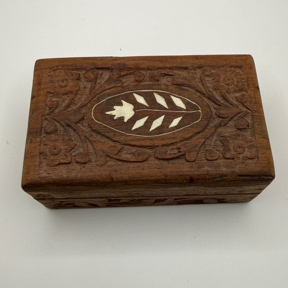 Vintage Hand Carved Wood Jewelry Box India Floral Inlay Small Trinket Keepsake